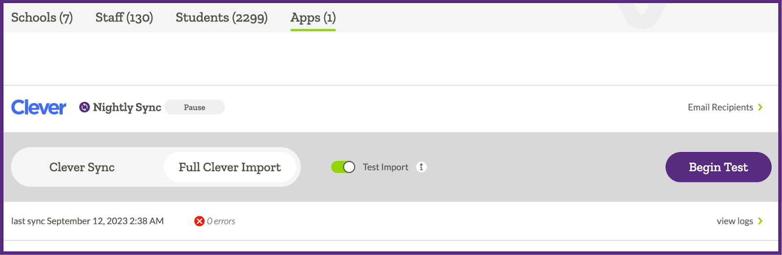 Image showing the status for Clever Sync in an ALO acount