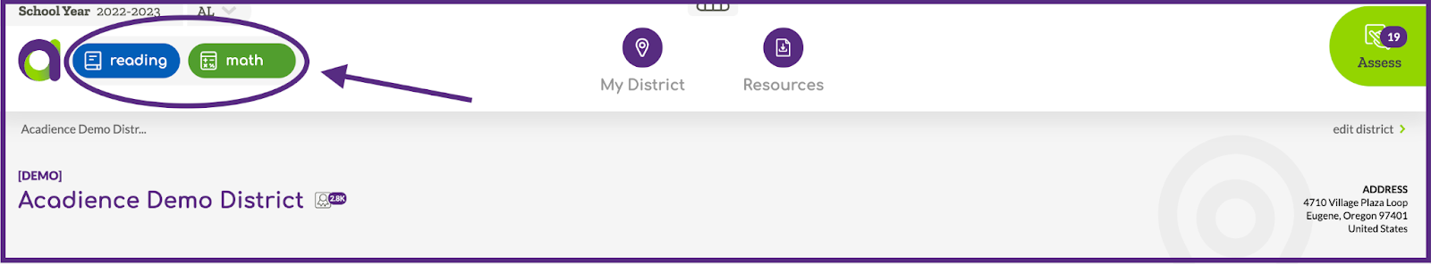 Image indicating how to select Math assessment in ALO