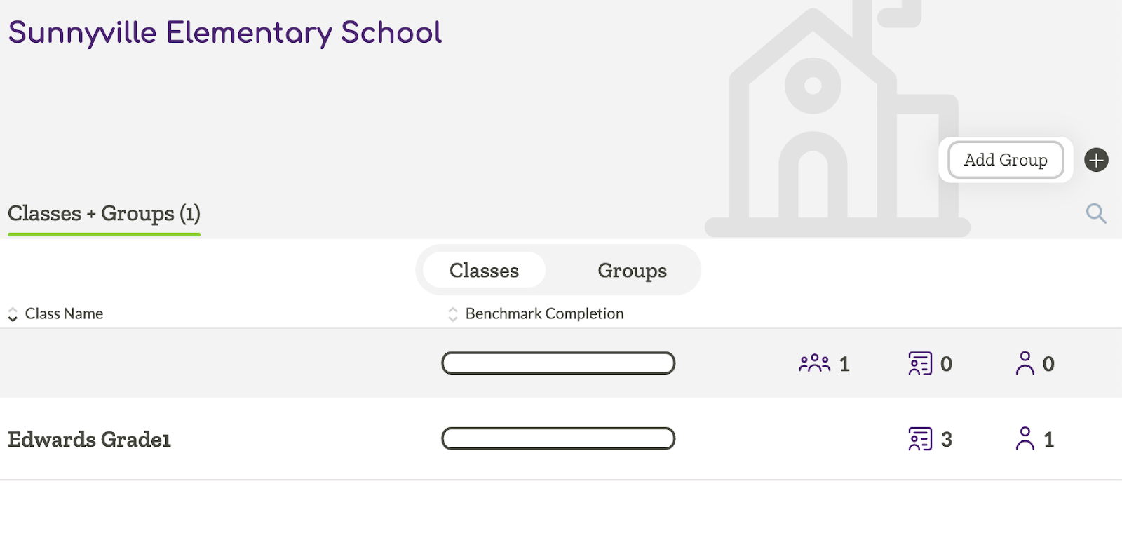 UI in ALO showing icon to add a group for a school