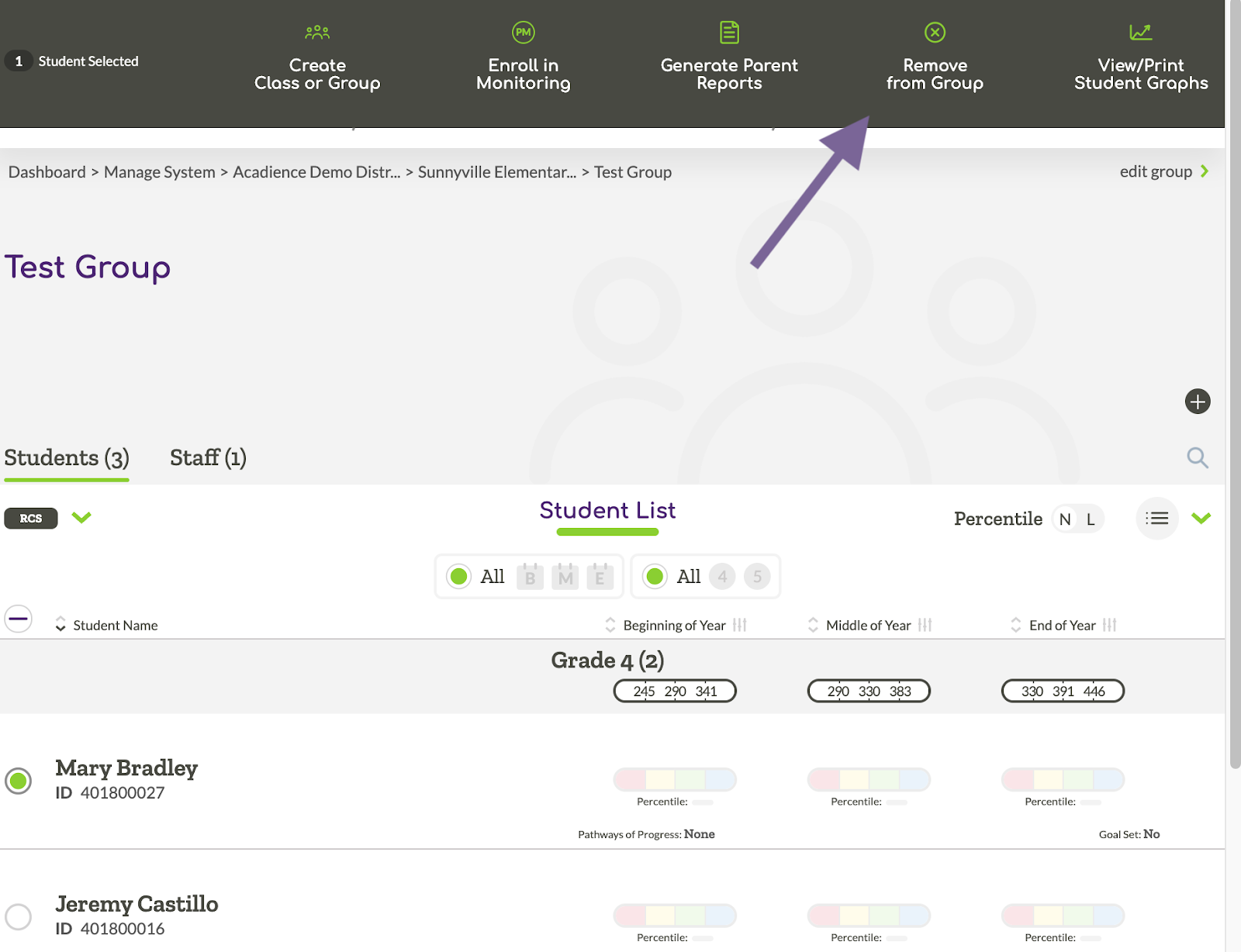 Image indicating the UI to remove students from a group