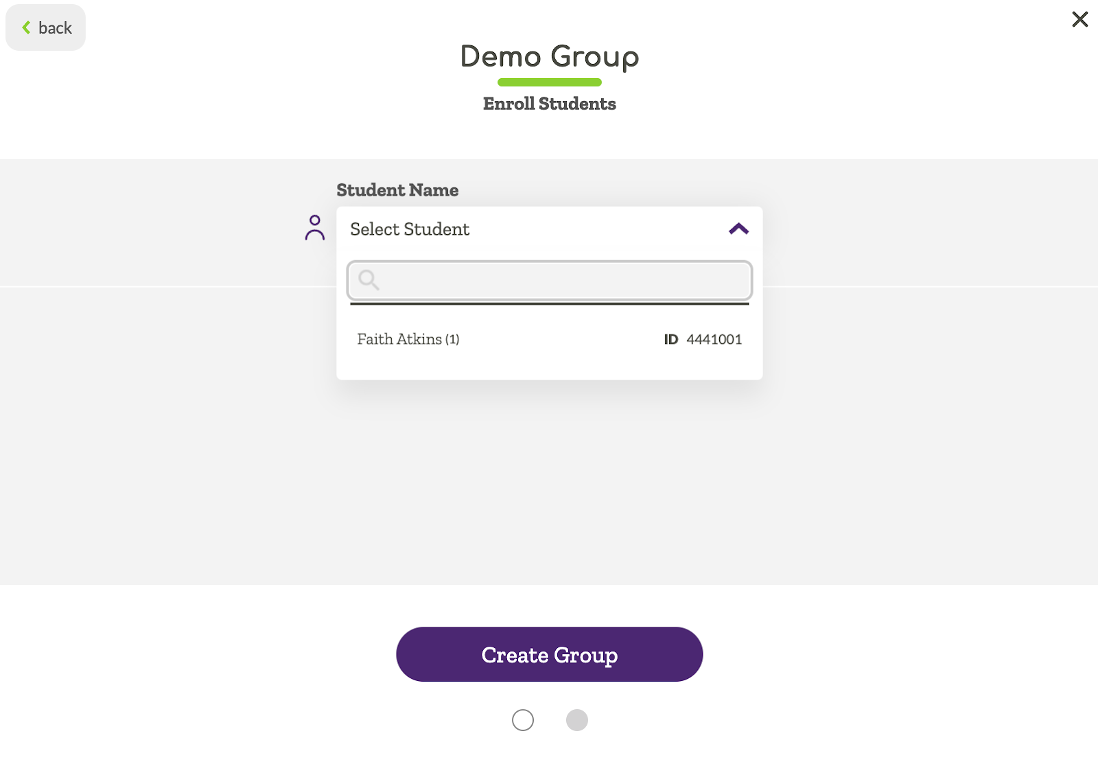 UI displaying how to select students to a school group