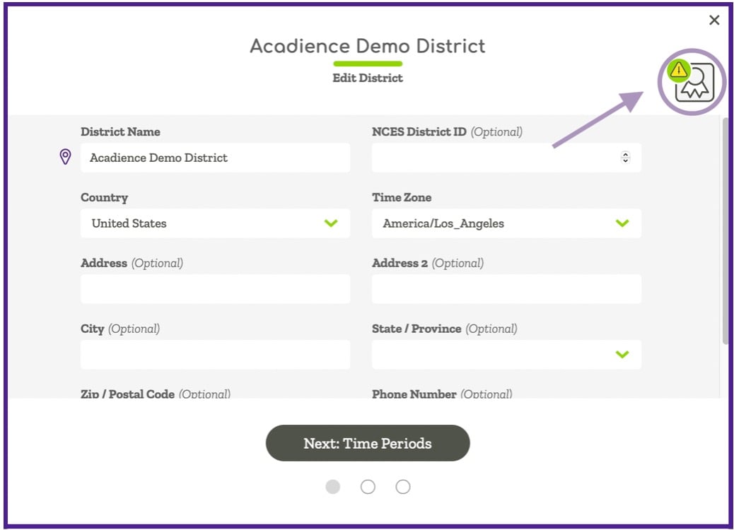 Edit district modal with the badge icon circled