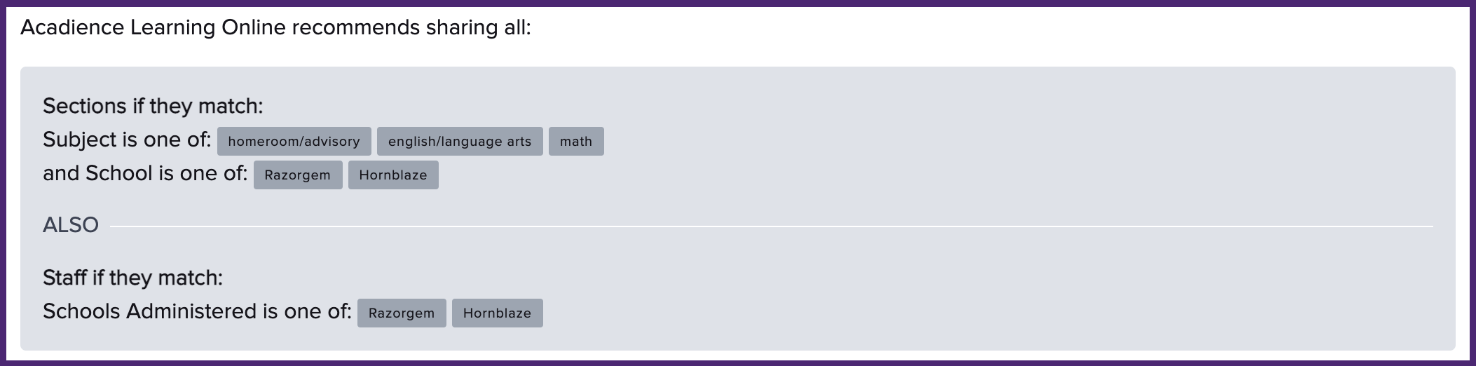 Example showing sharing was set up to share “Homeroom,” “English/Language Arts,” and “Math” Sections for two schools, Razorgem and Hornblaze
