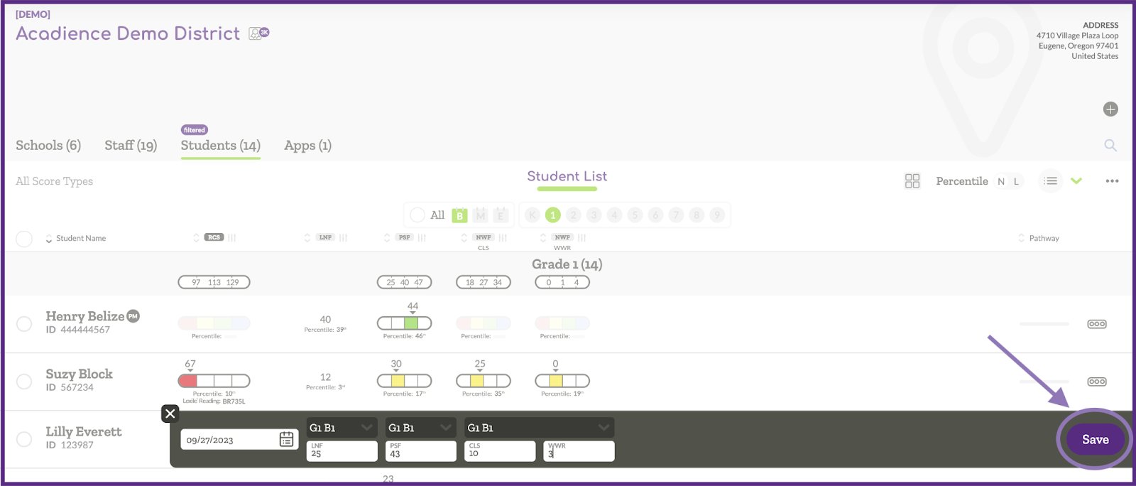 Example student list view with populated data entry fields displayed