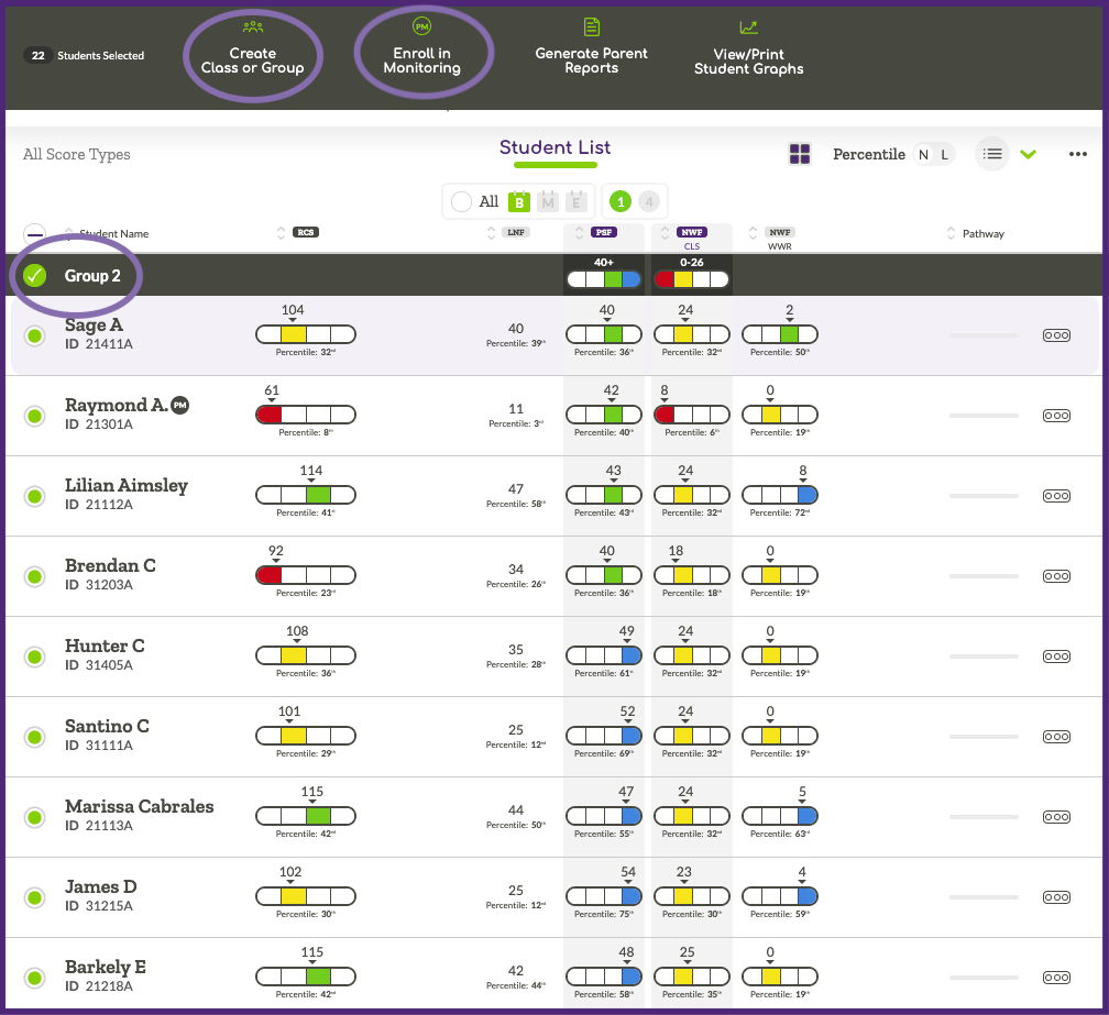 Image indicating how to multiselect students, create group or enroll students in progress monitoring