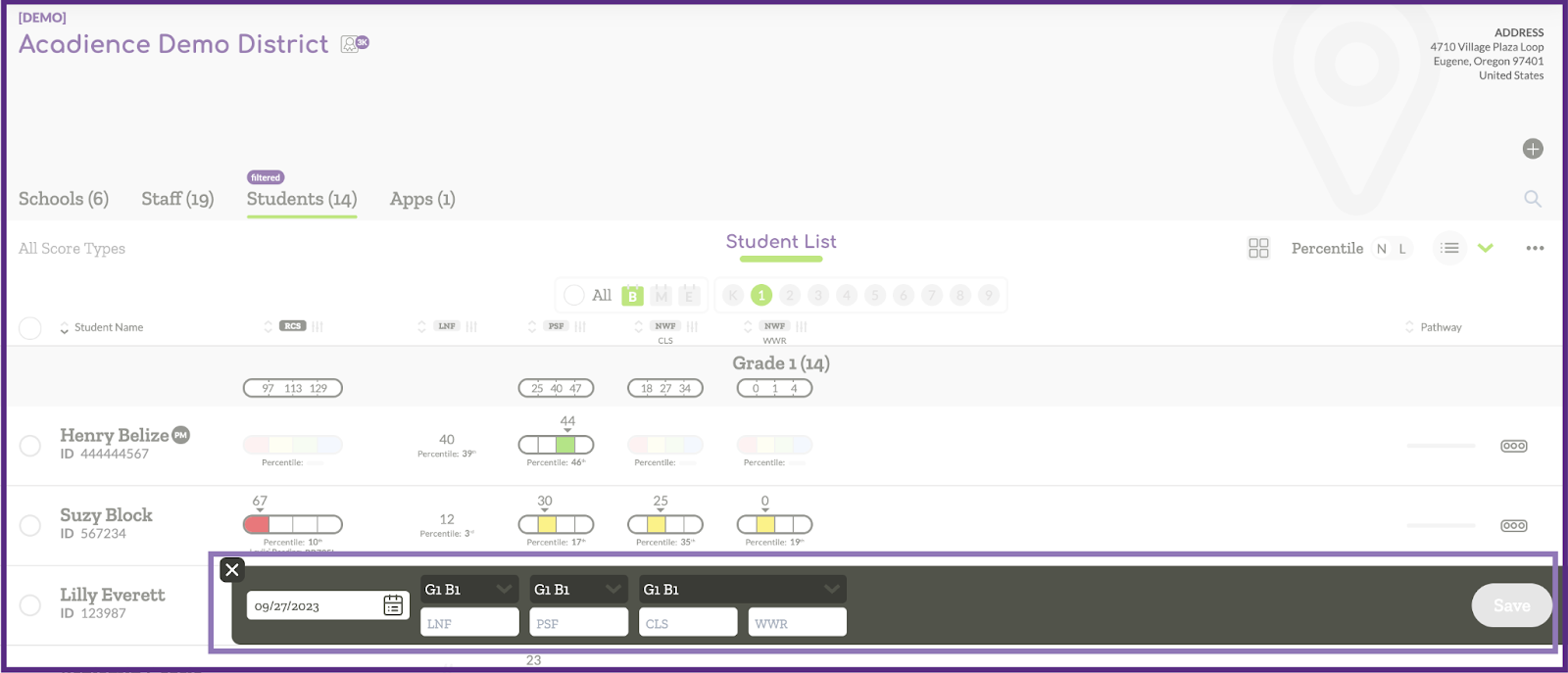 Example student list view with data entry fields displayed