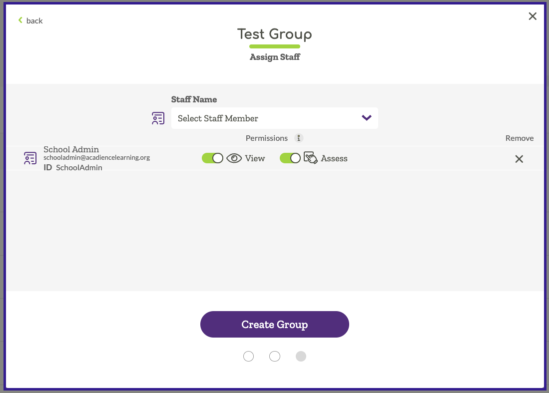Modal showing the test group to be created, including a school staff that will be added