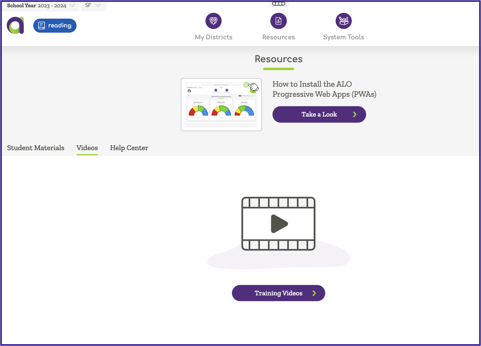 Image of Resources screen with Video tab selected in ALO