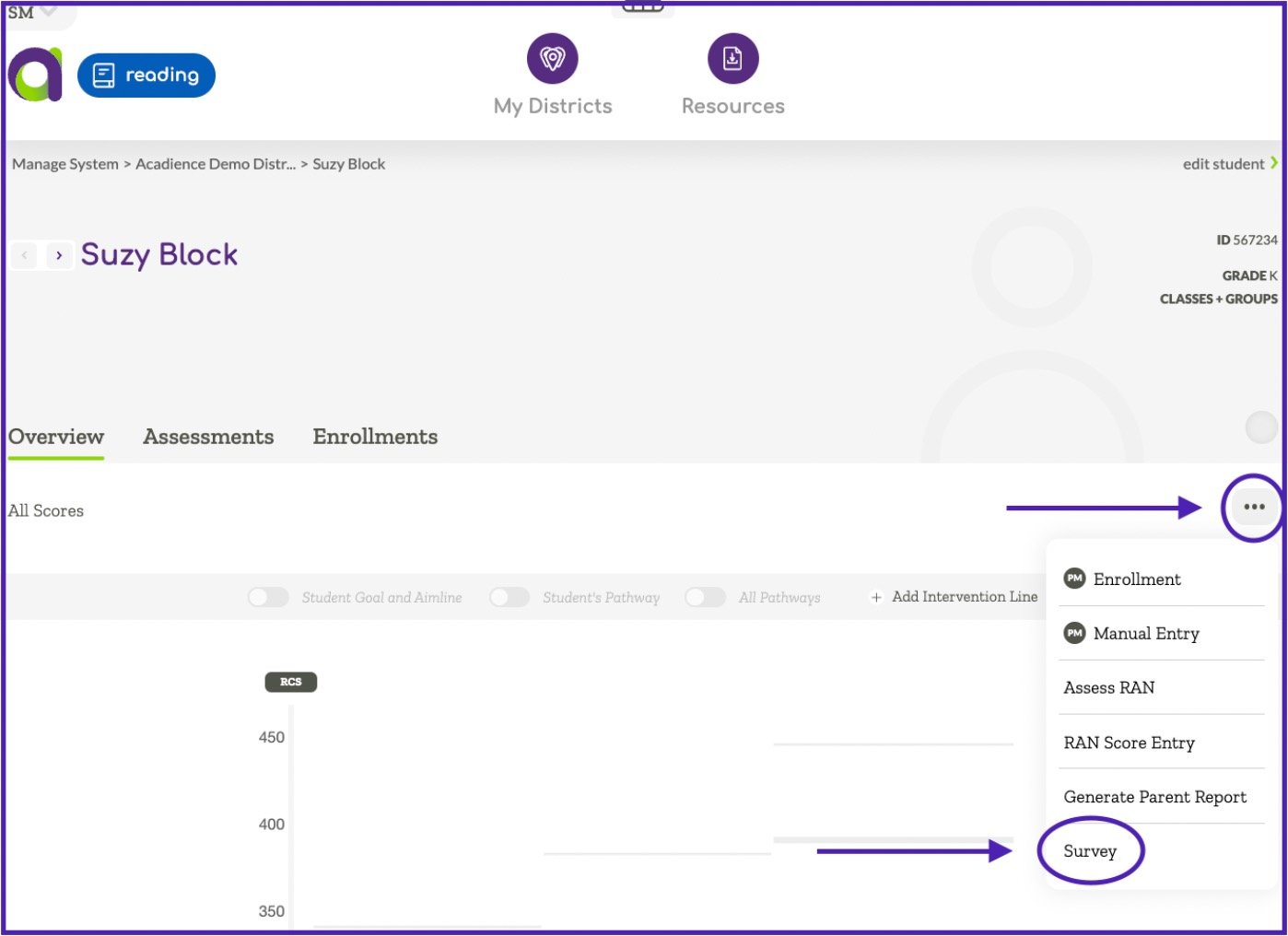 Student Overview screen indicating survey menu option