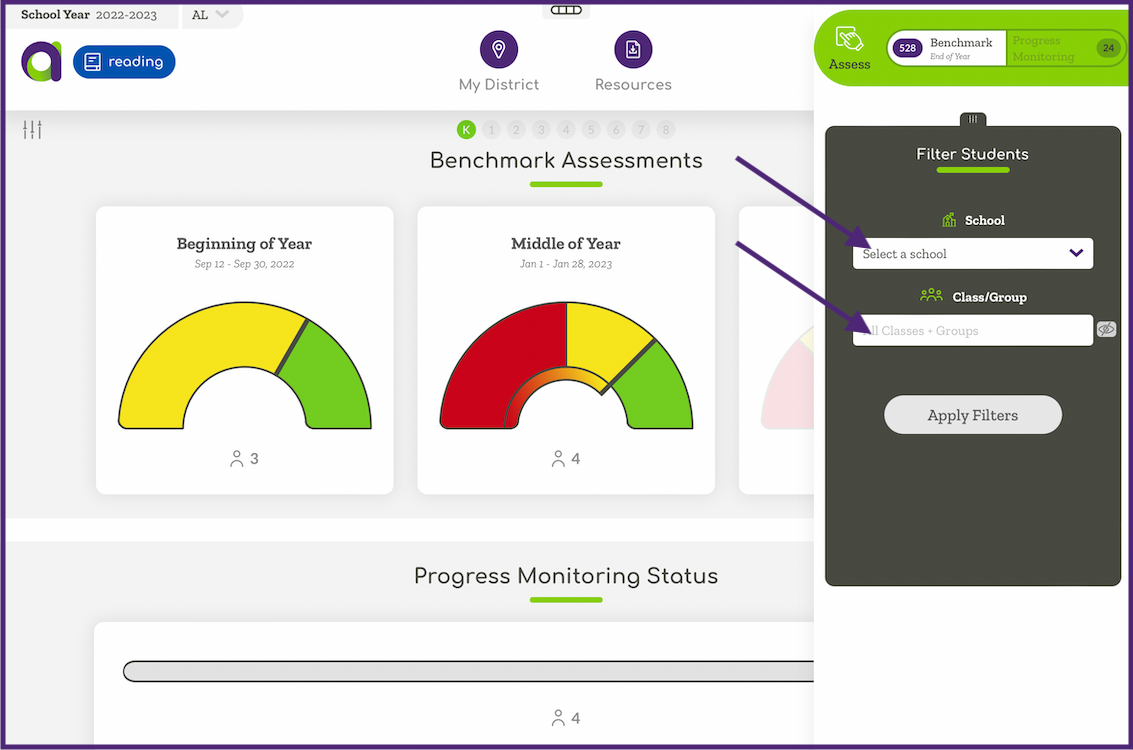 ALO screen with school or class assess sidebar filter displayed