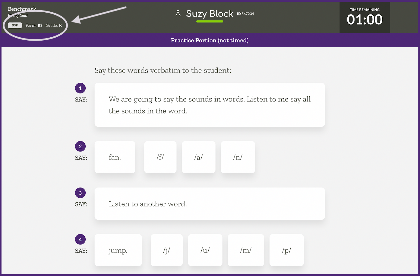Practice screen with measure and forms circled