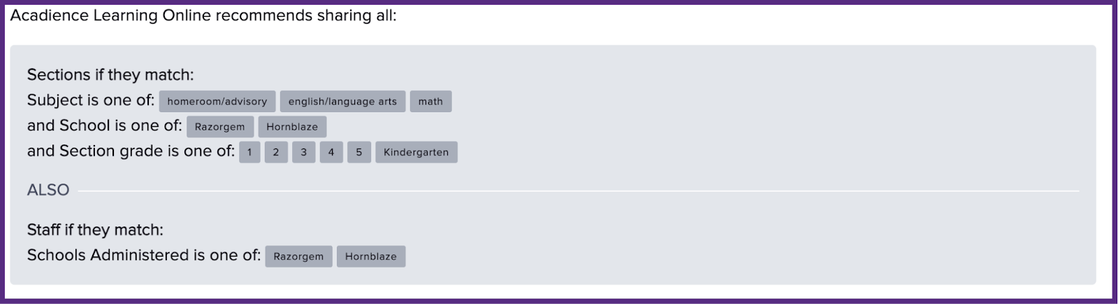 Image showing additional refinement for sharing to only include certain grade levels