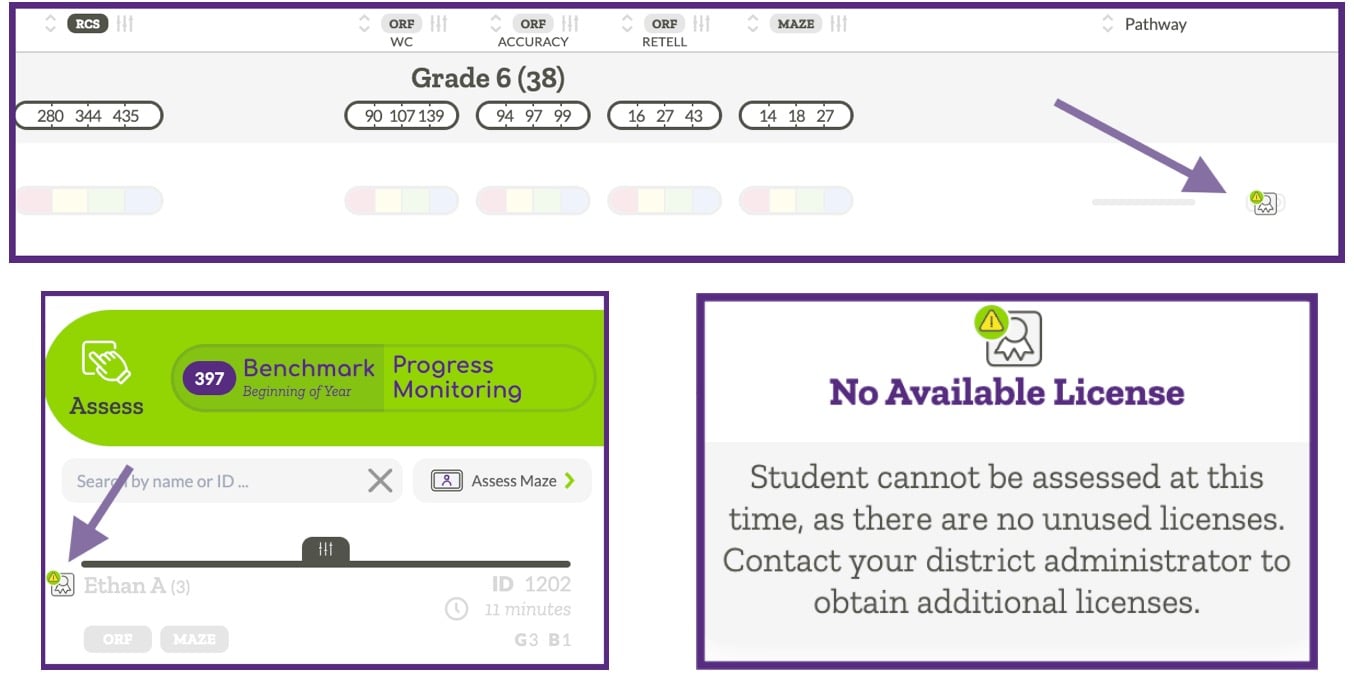 Different views indicating no available license notification