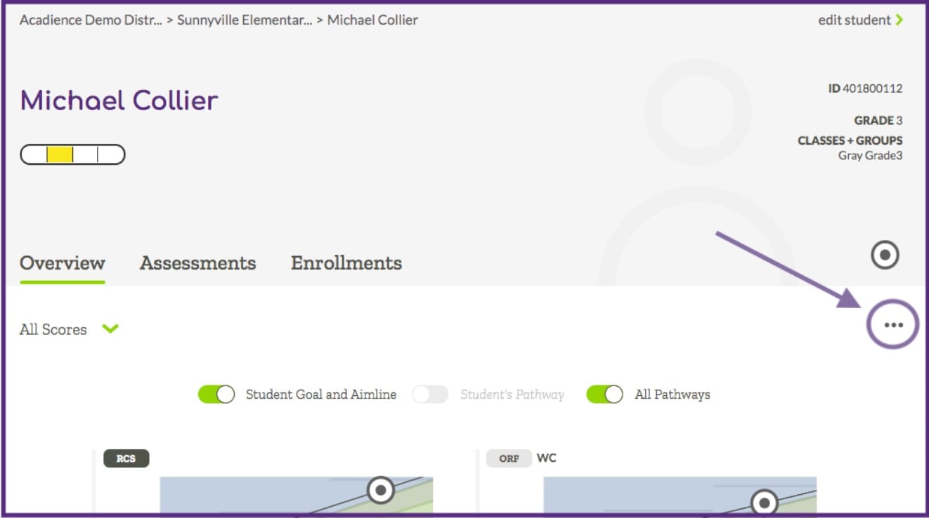 Example student overview with 3 dot menu circled
