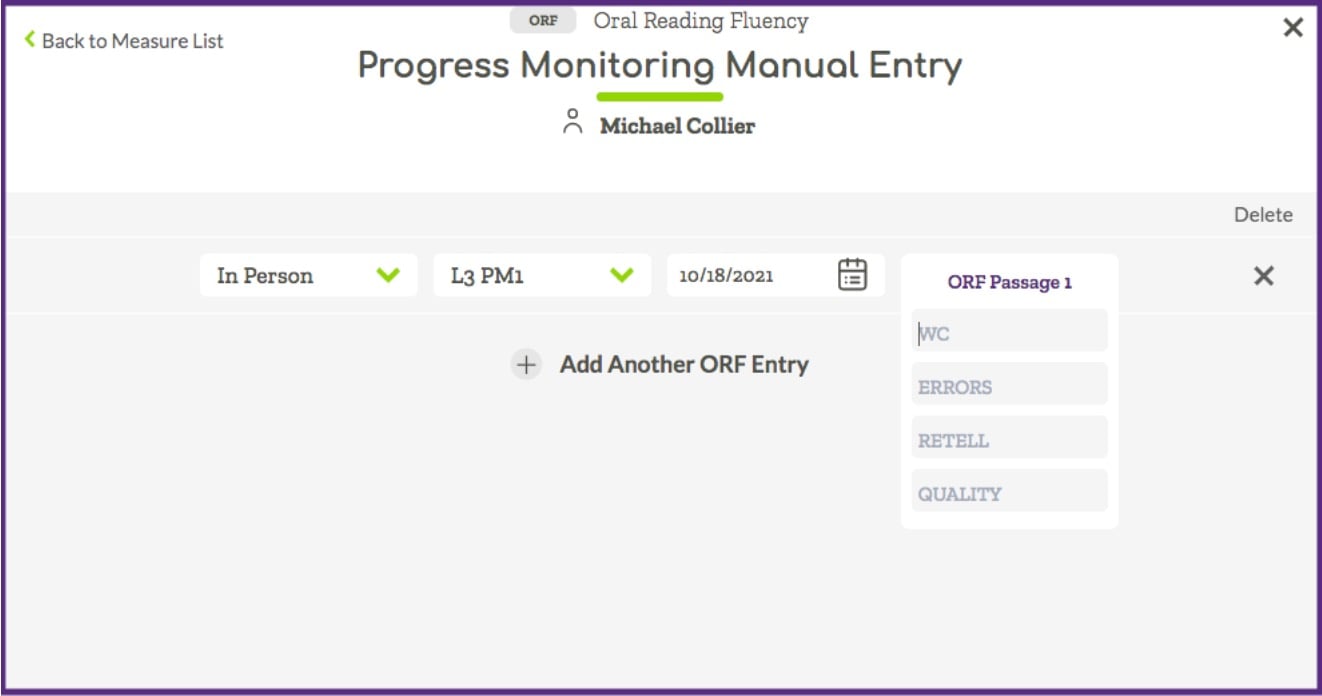 Progress Monitoring manual entry modal with empty score fields