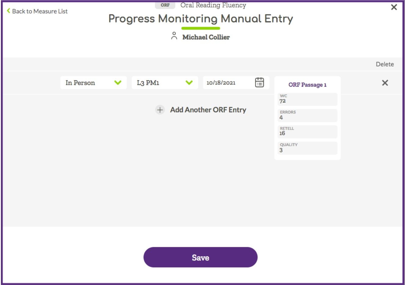 Progress Monitoring manual entry modal with scores entered