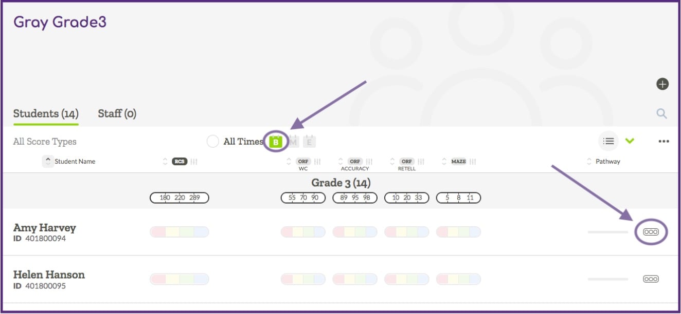 Example student list view indicating icons to manually enter scores