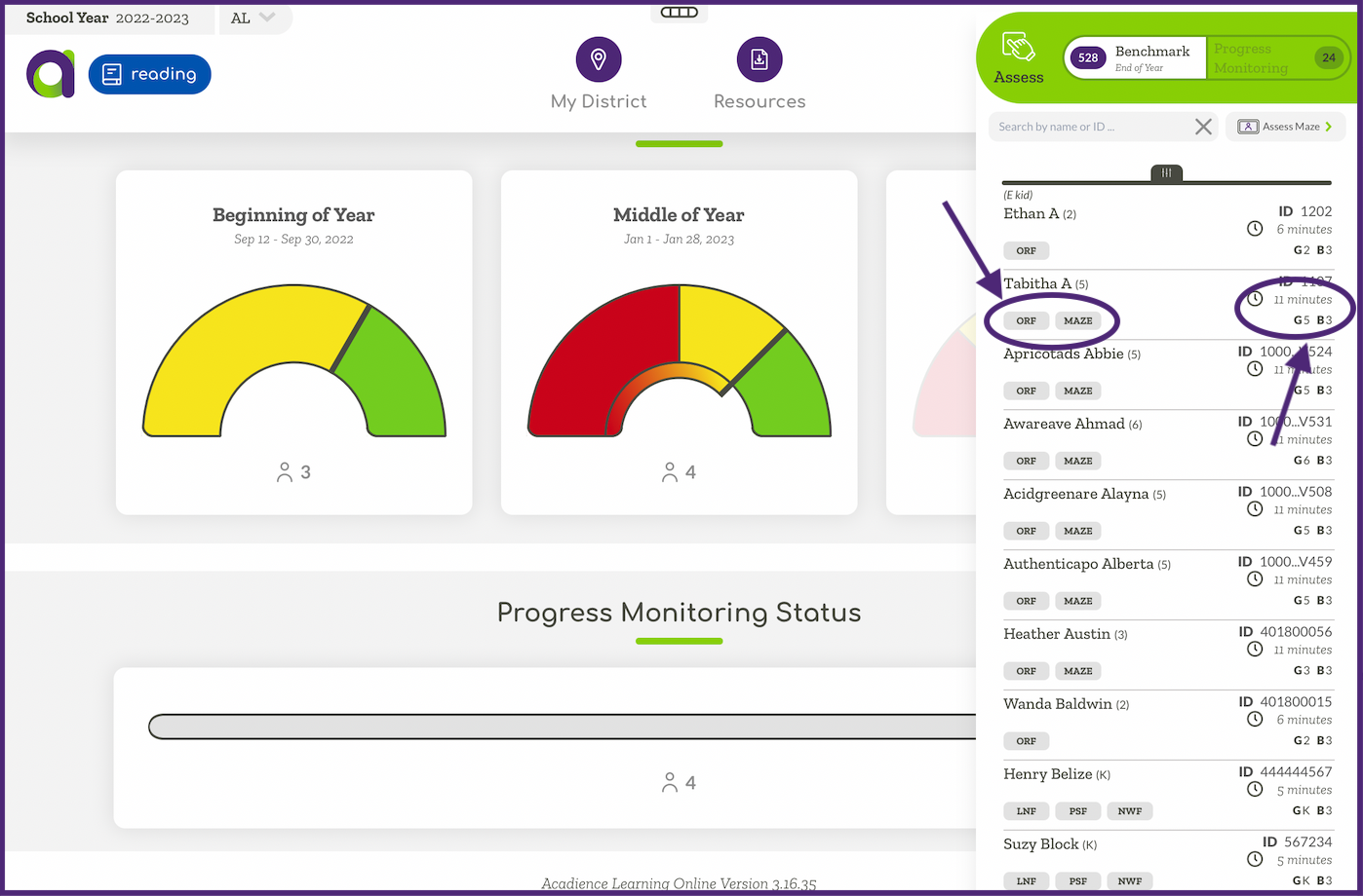 ALO screen with student list displayed in side bar