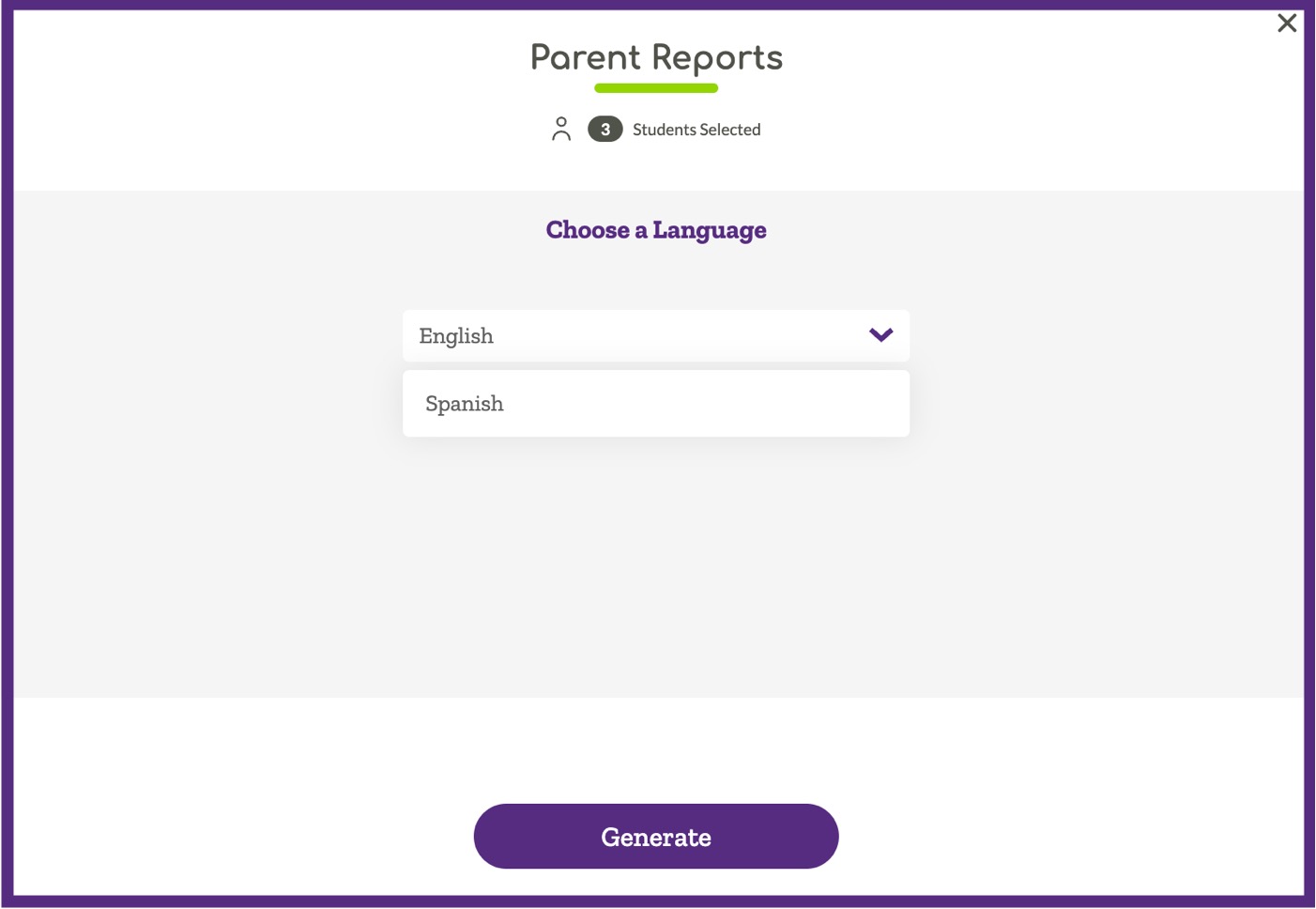 Parent reports modal with language field options