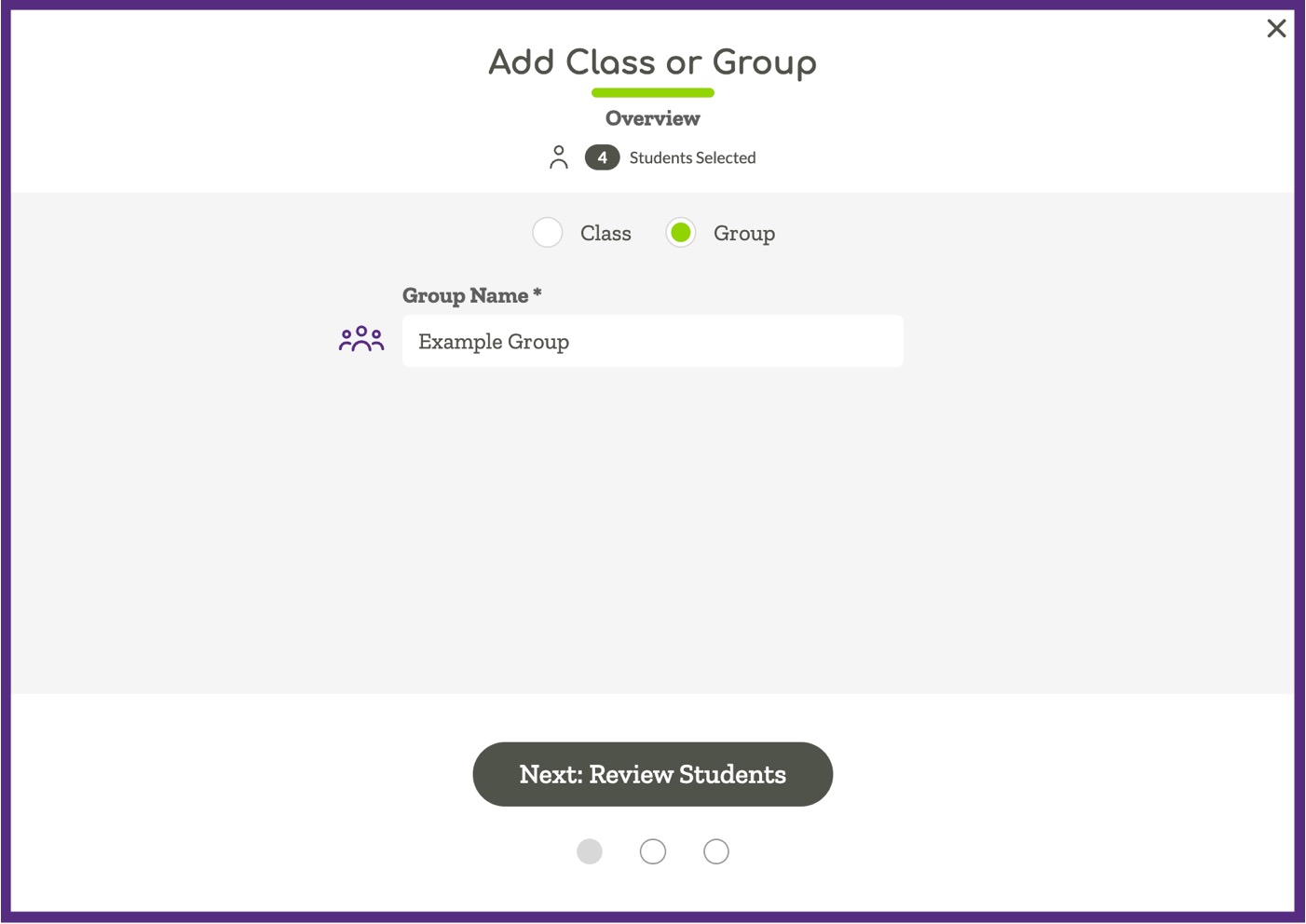 Add Class or Group modal with the group name input field