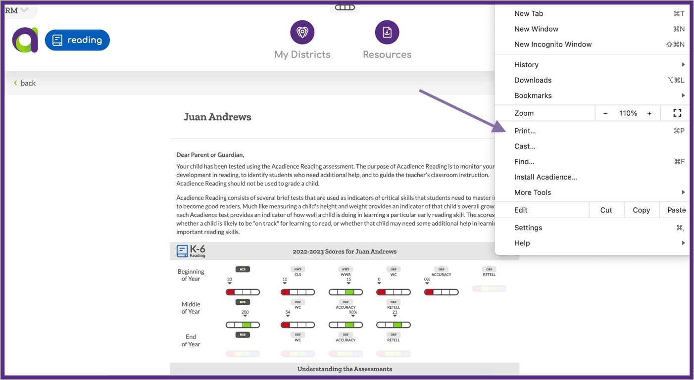 Example parent report with the browser print option displayed