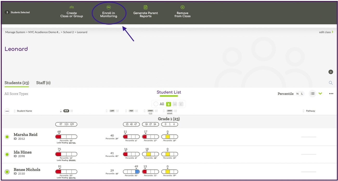 An example Student List view with Enroll in Monitoring circled