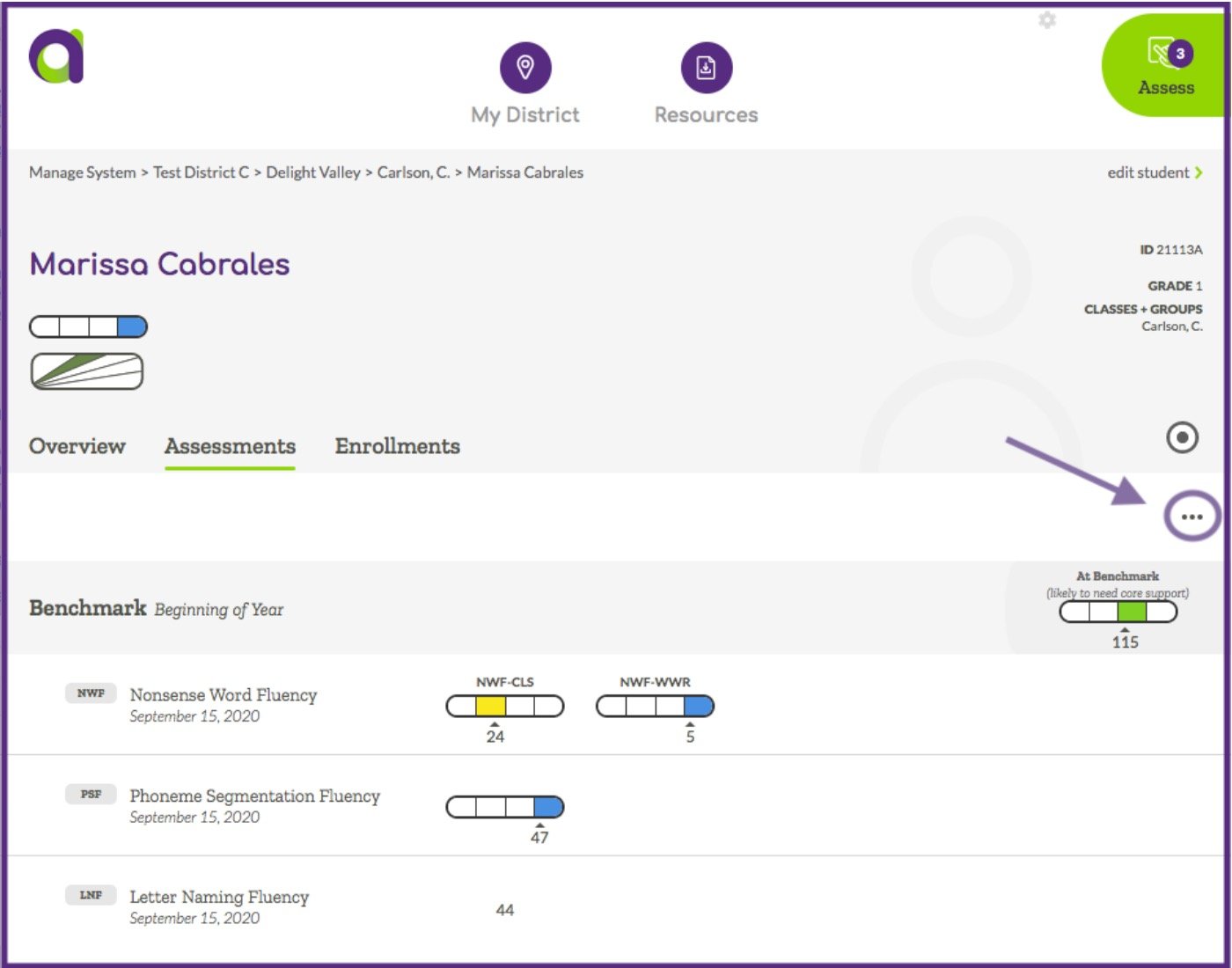 An example Student View page with the 3 dot icon circled