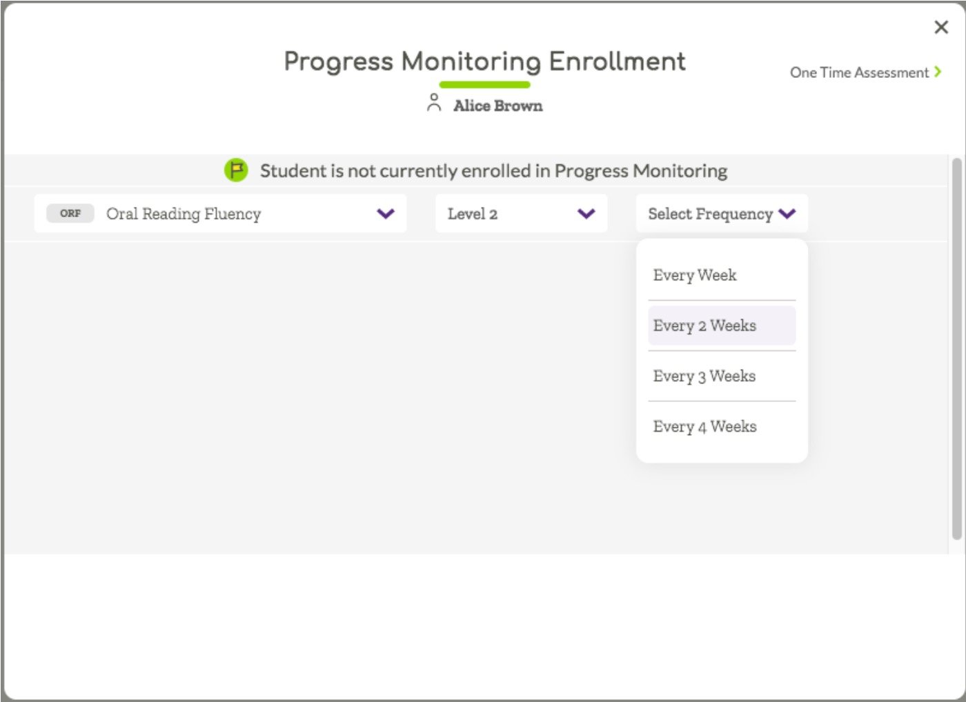 Progress Monitoring Enrollment modal with the frequency dropdown displayed