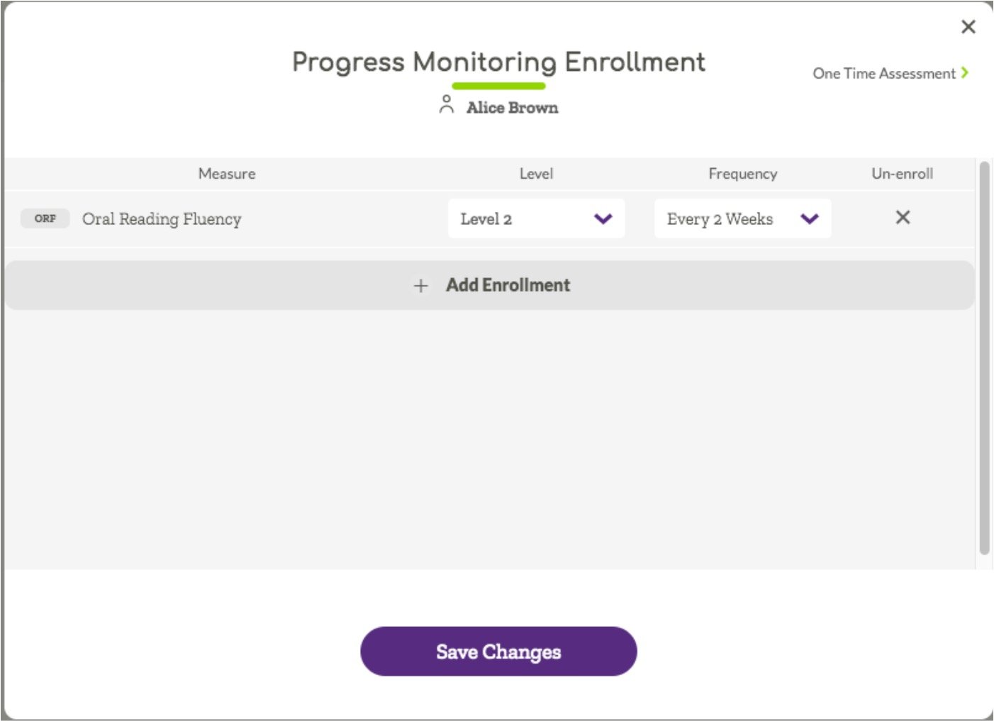 Progress Monitoring Enrollment modal showing the add enrollment button