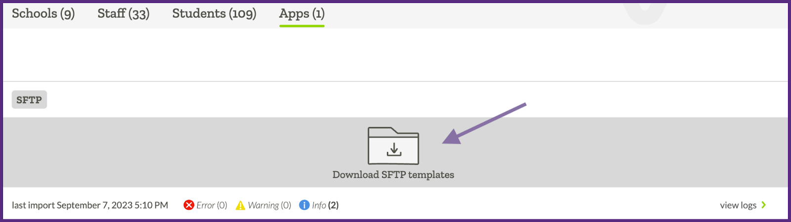 Image showing where to download templates for the 7 SFTP import files in ALO