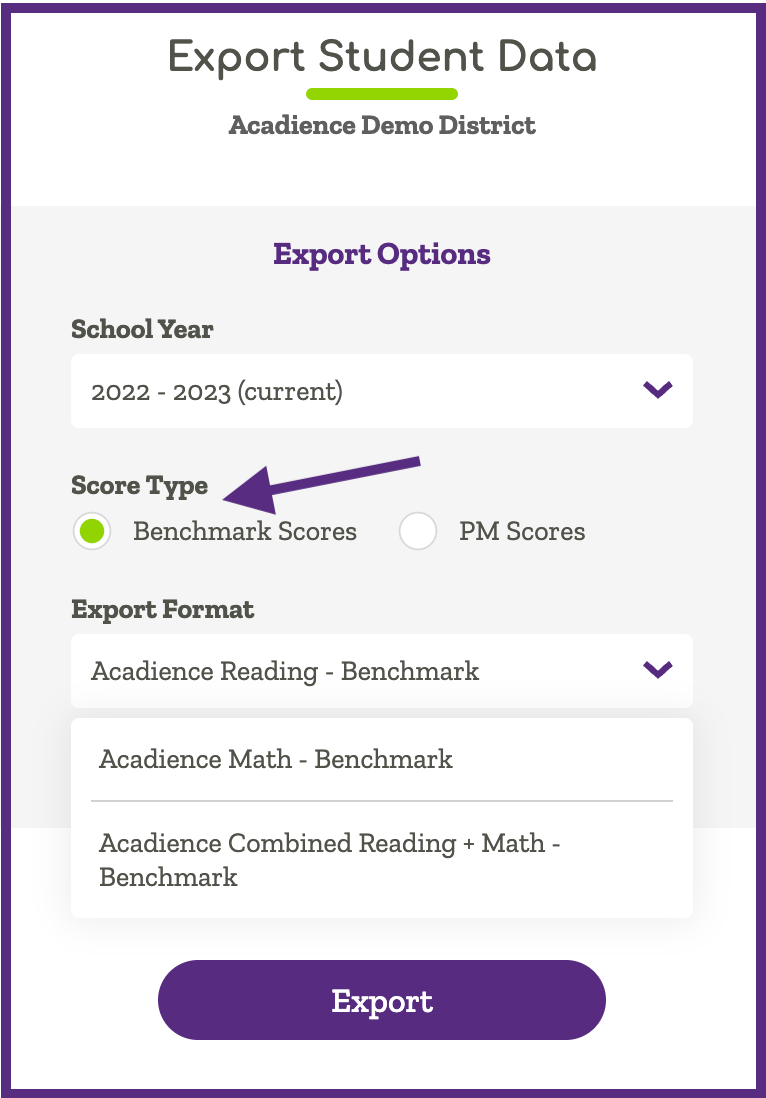 Image of export modal, indicating to the Benchmark Scores score type option
