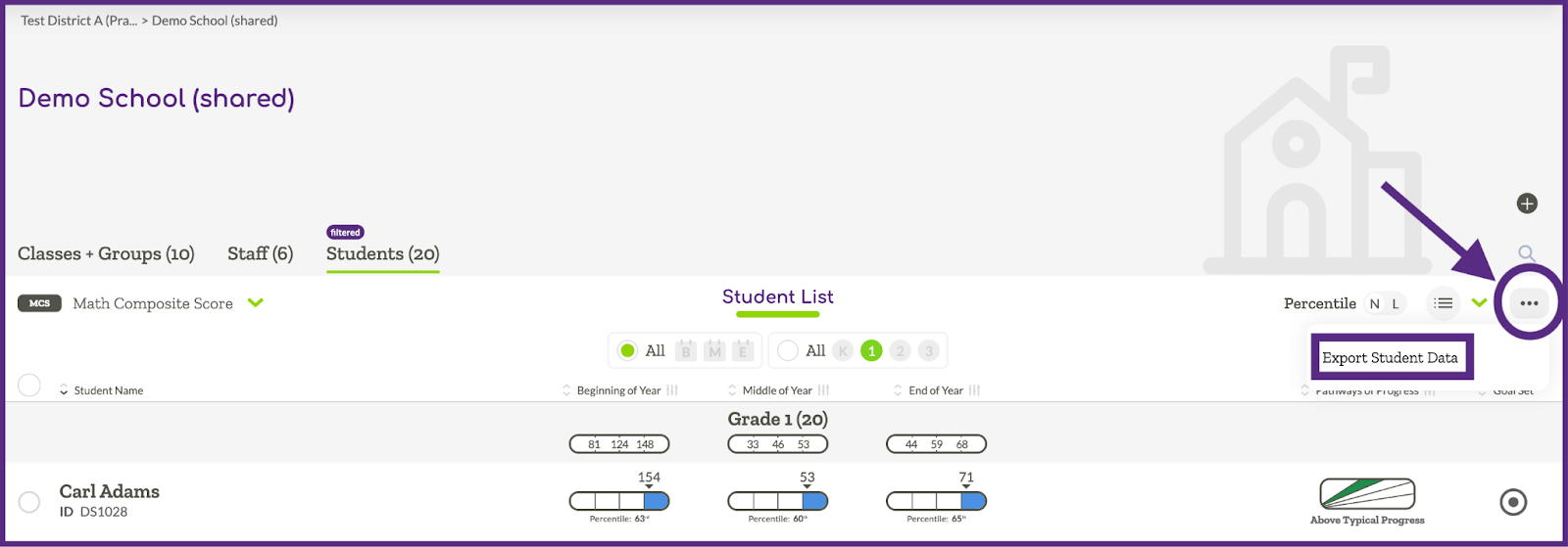 Image indicating where the Export Student Data link is