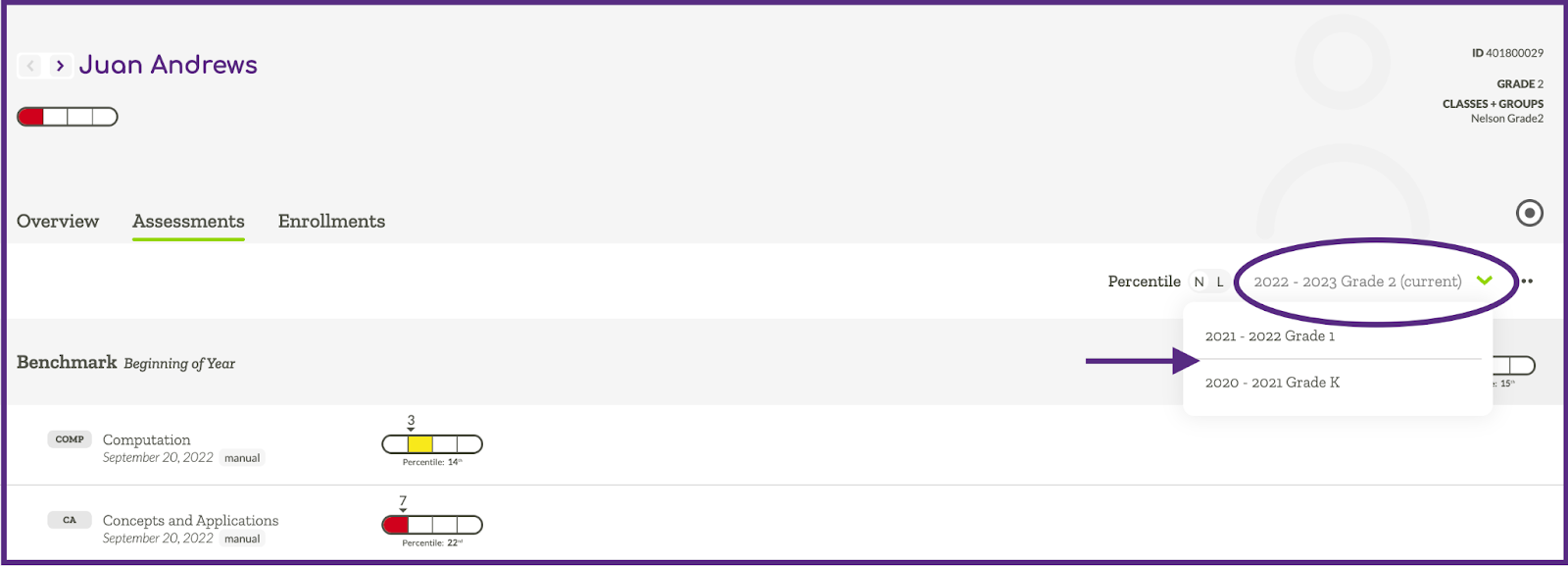 Image displaying a dropdown menu of links to a student's historical data