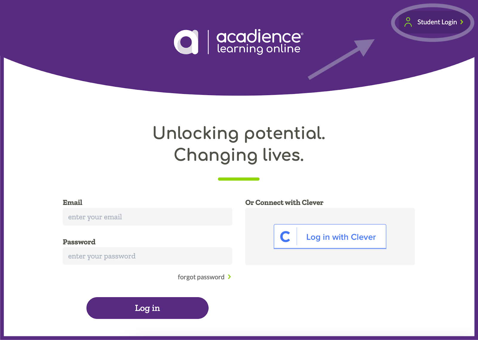 ALO login page indicating student login link