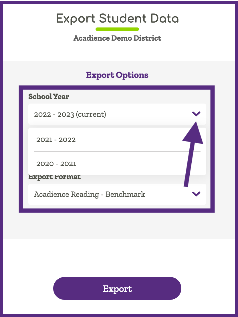Image indicating the purple caret for selecting school year